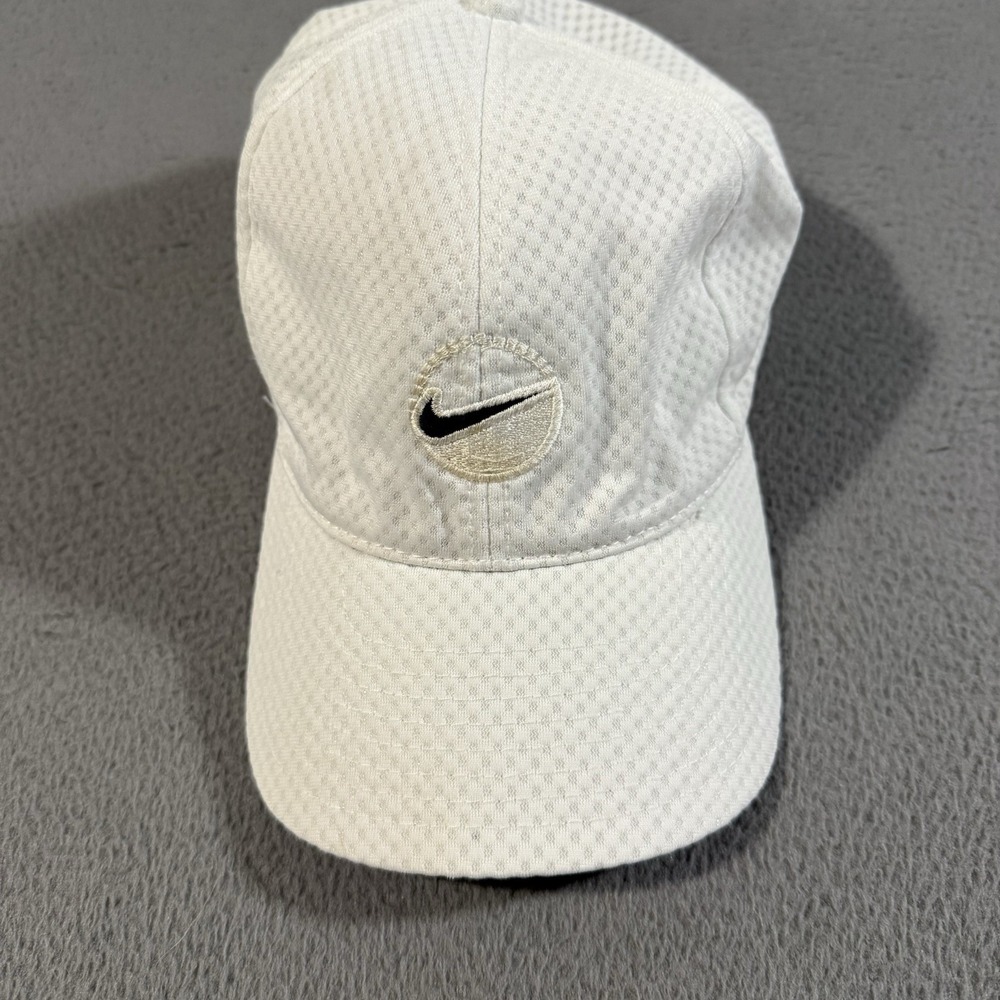 Vintage 90s Nike Hat Cap Strap Back Clasp White Black‎ Swoosh Mesh OSFA HTF